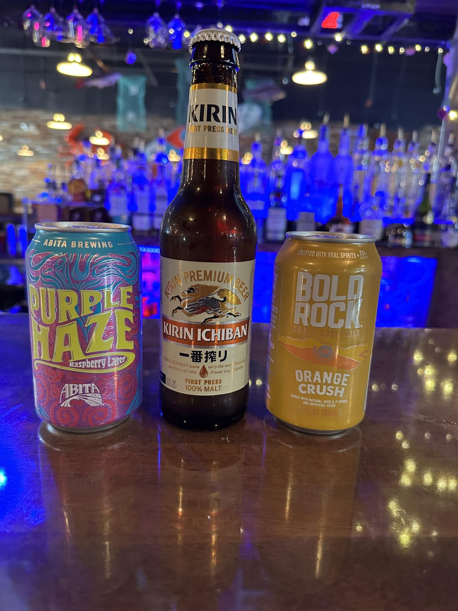 Drinks at Boil Bay — Abita Purple Haze, Kirin Ichiban, Bold Rock Orange Crush